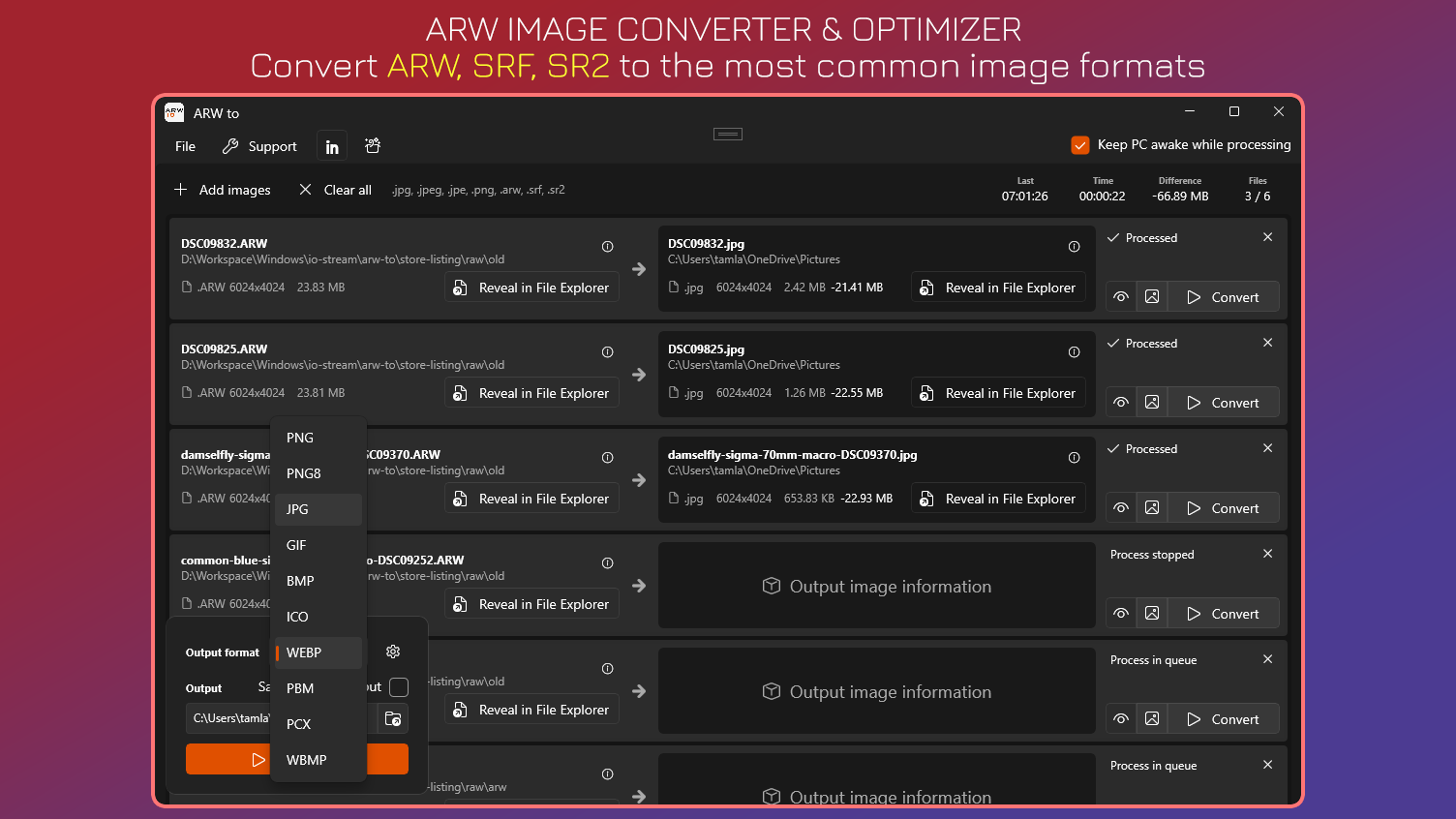 ARW Image Converter & Optimizer - Convert ARW, SRF, SR2 to the most common image formats.