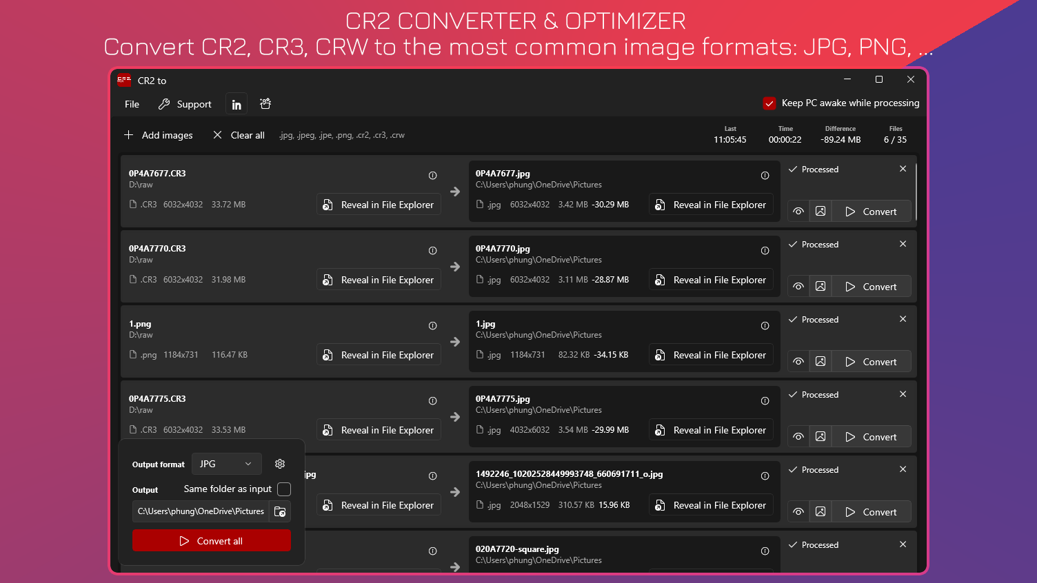 CR2 Converter & Optimizer - Convert CR2, CR3, CRW to the most common image formats: JPG, PNG, ...