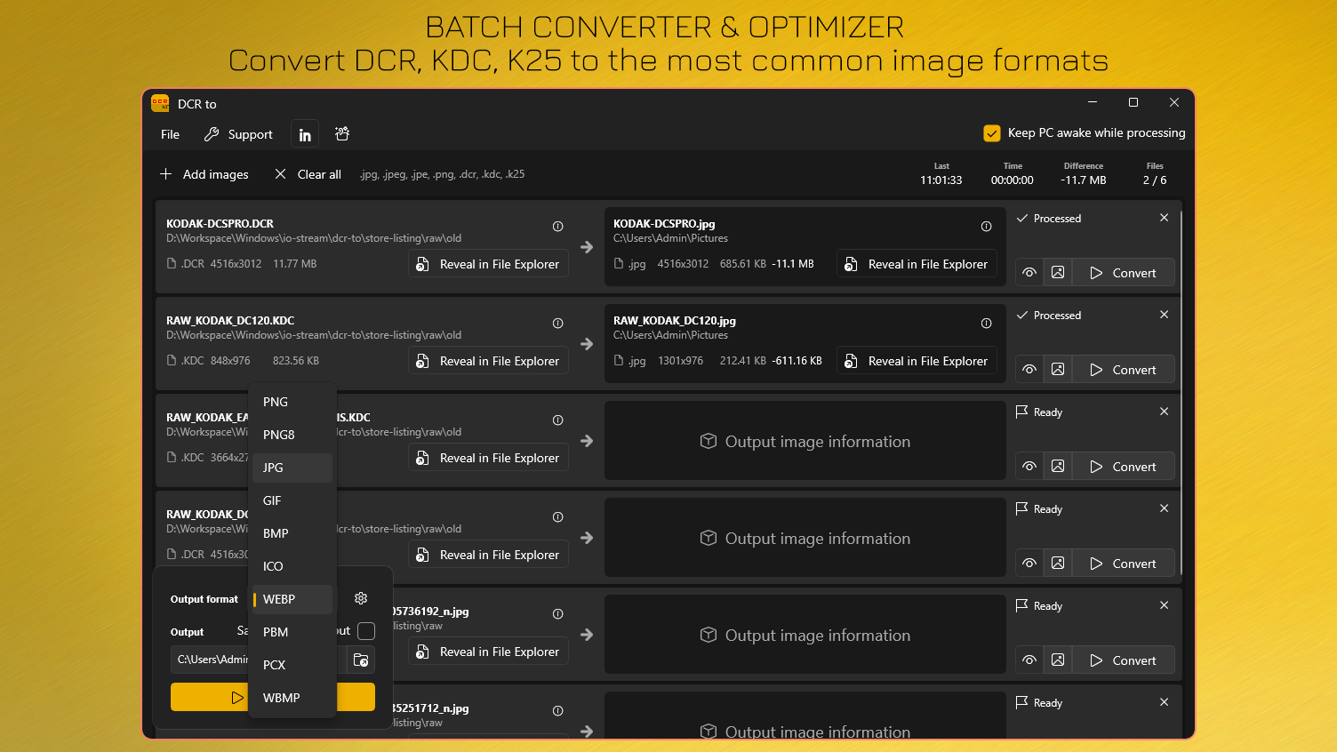 Batch DCR Converter & Optimizer - Convert DCR, KDC, K25 to the most common image formats.