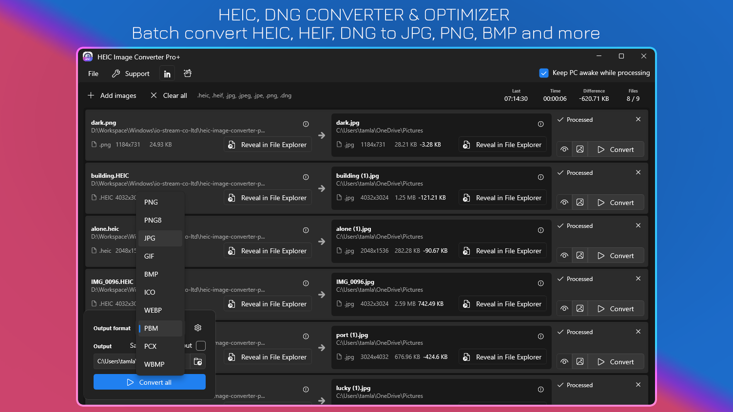 HEIC, DNG Image Converter & Optimizer - Batch convert HEIC, HEIF, DNG (ProRAW) to JPG, PNG, BMP and more
