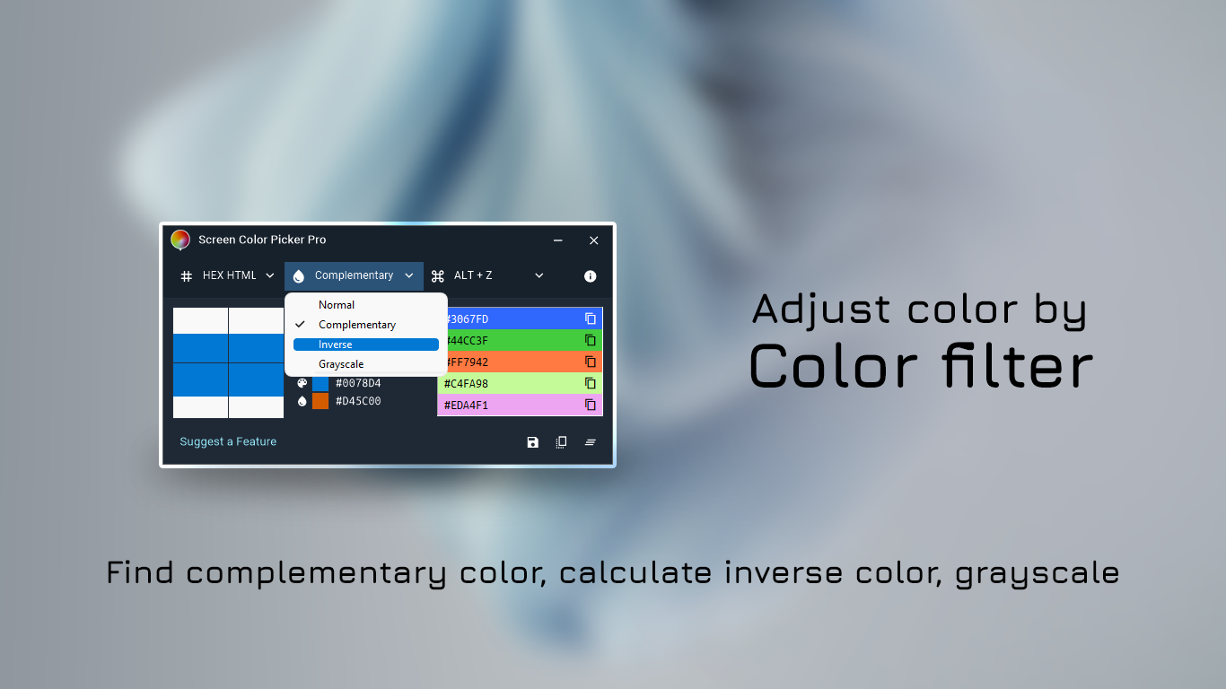 Adjust Color By Color Filter - Find complementary color, calculate inverse color, grayscale
