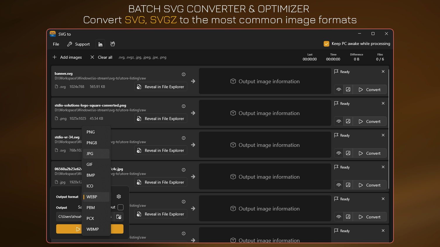 Batch SVG Converter & Optimizer - Convert SVG, SVGZ to PNG, JPG, GIF, WEBP and more.