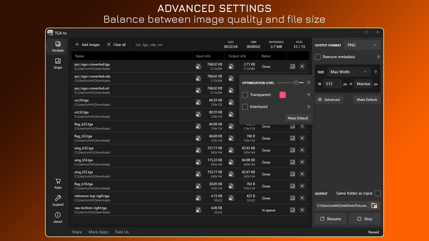 Advanced Settings - Balance between image quality and file size.