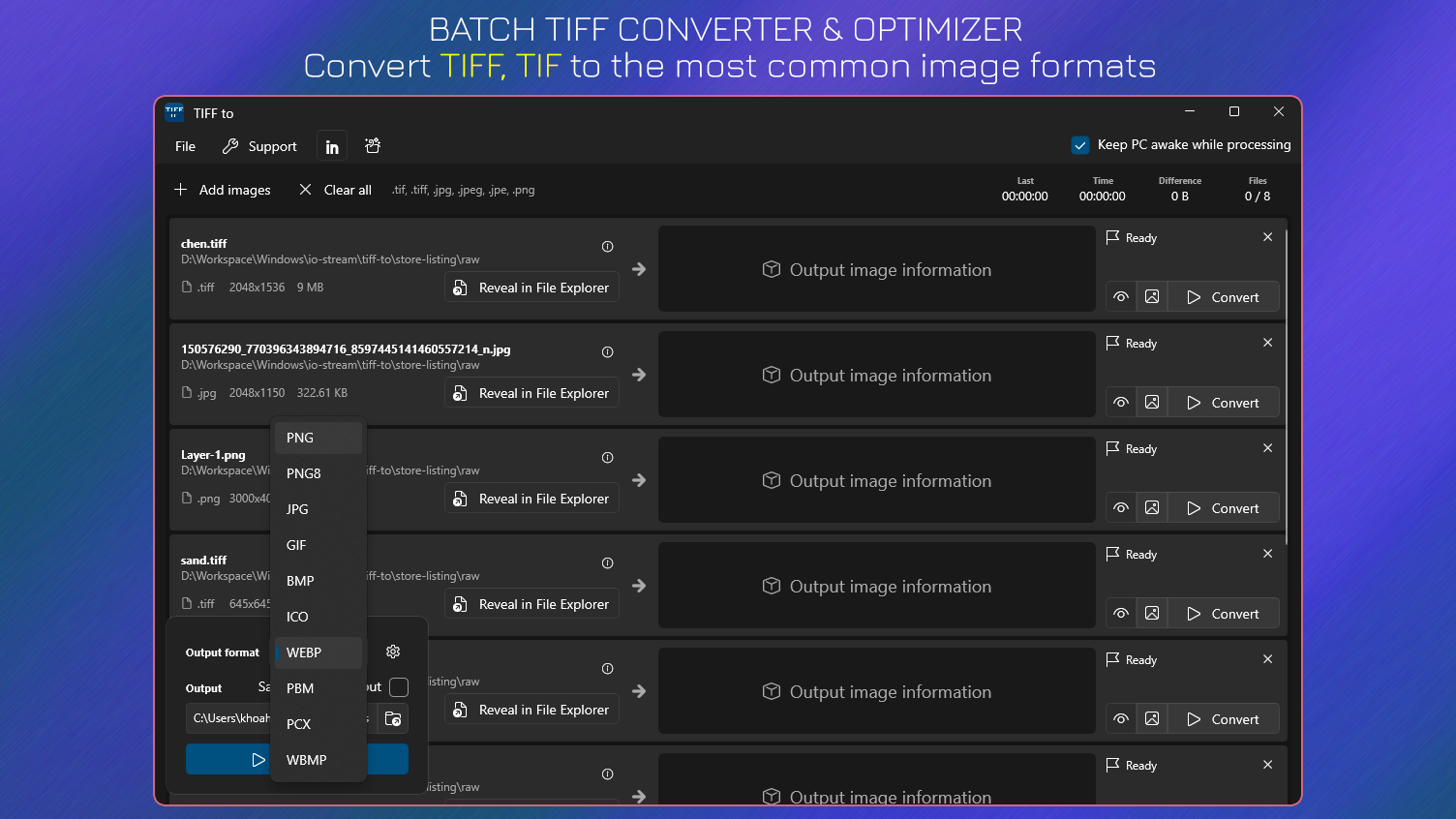 Batch TIFF Converter & Optimizer - Convert TIF, TIFF to the most common image formats.
