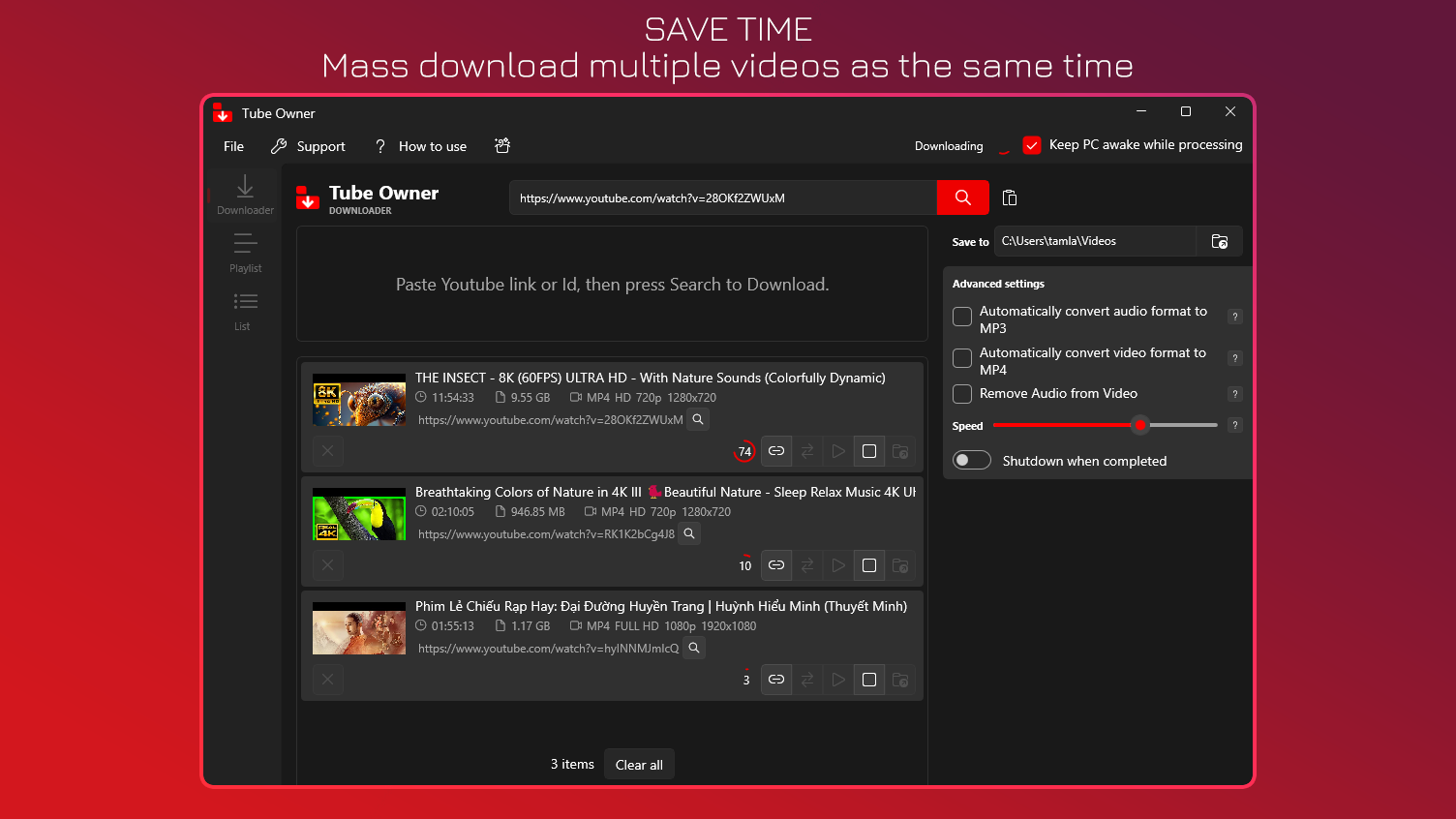 Save Time - Mass download multiple videos.