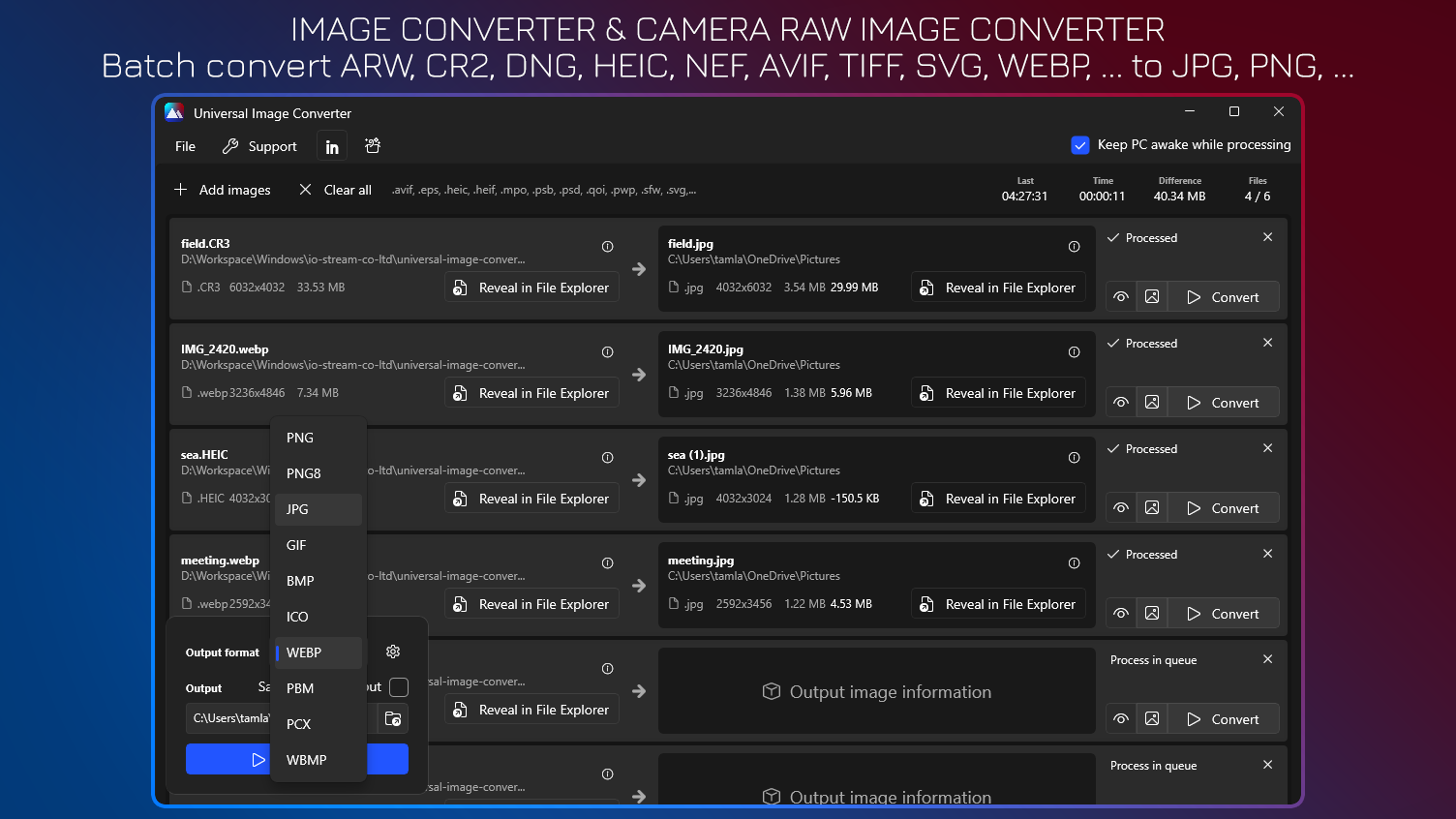 Image Converter & Camera Raw Image Converter - Batch convert ARW, CR2, HEIC, NEF, AVIF, TIFF, SVG, WEBP, … to JPG, PNG, …