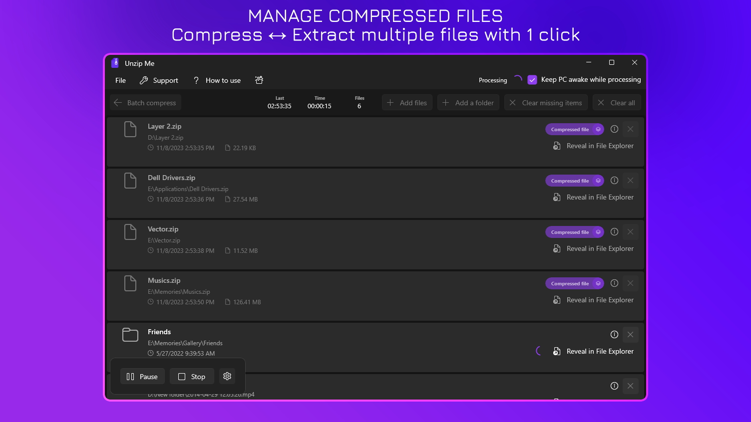 Manage Compressed Files - Compress ↔ Extract multiple files with 1 click
