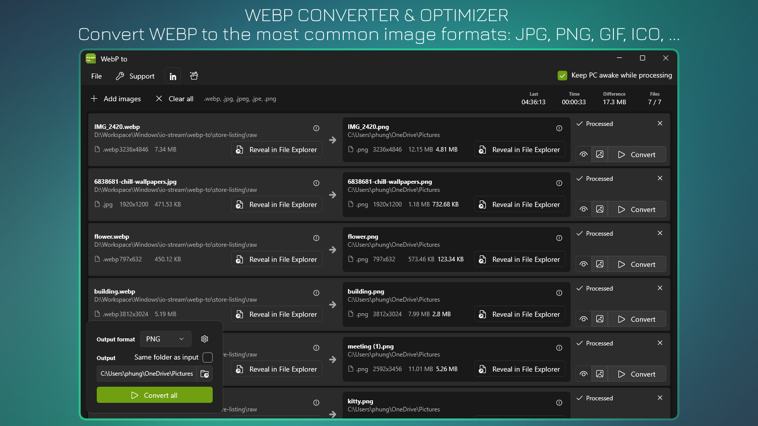 WebP Converter & Optimizer - Convert WebP to the most common image formats: JPG, PNG, GIF, ICO...