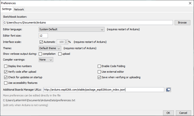 Thêm Arduino Preferences
