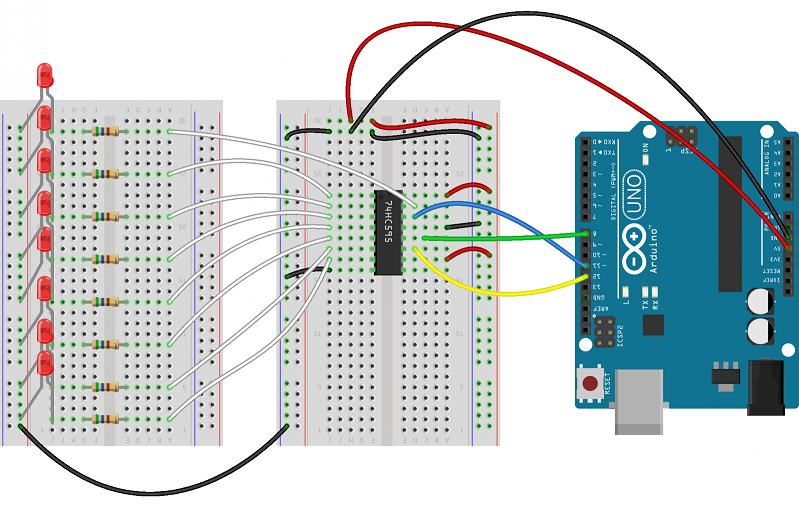 Arduino và IC 74HC595 và 8 LED.