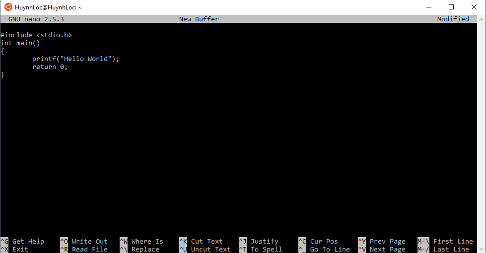 Chương trình C Hello World soạn bằng Nano
